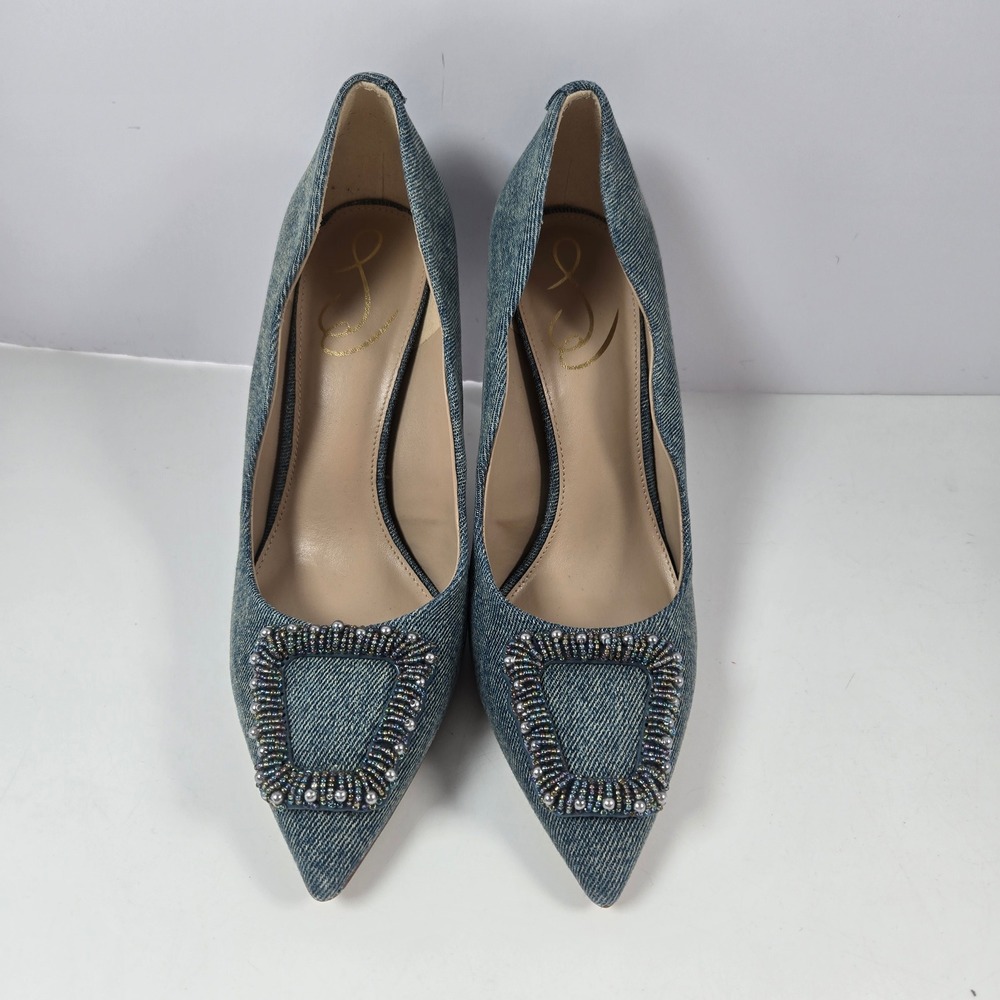 Sam Edelman Pumps Women 8 Blue Denim Beaded Buckle Hazel Stiletto Heels Pointed - Picture 2 of 9